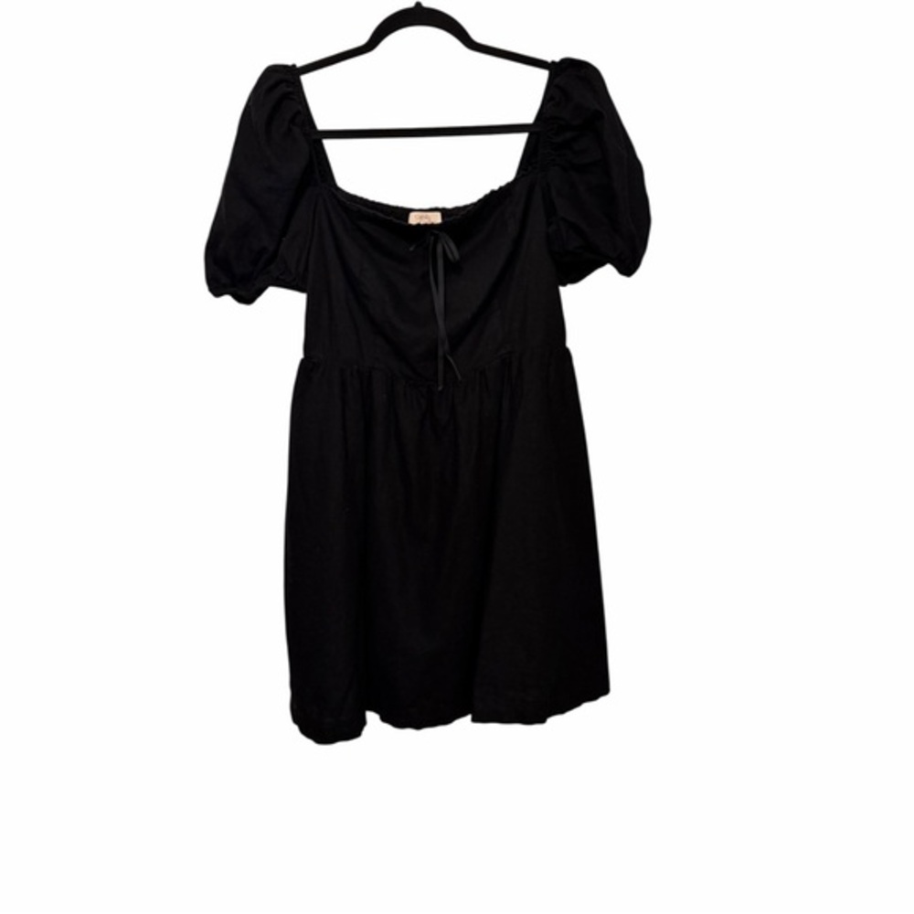 Camila Coelho Black Linen Blend Puff-Sleeve Square-Neck Sun Dress